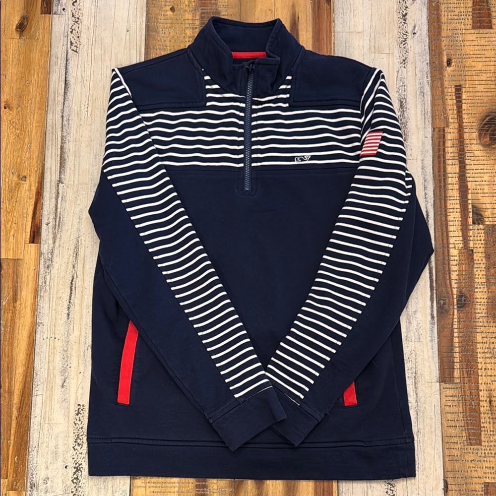 Vineyard Vines Navy and White Striped Quarter-Zip Pullover